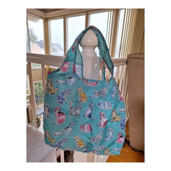 Whimsical Kitty Cats Tote Bag Cath Kidston Lightweight Foldable Aqua Blue NWOT - Picture 2 of 8